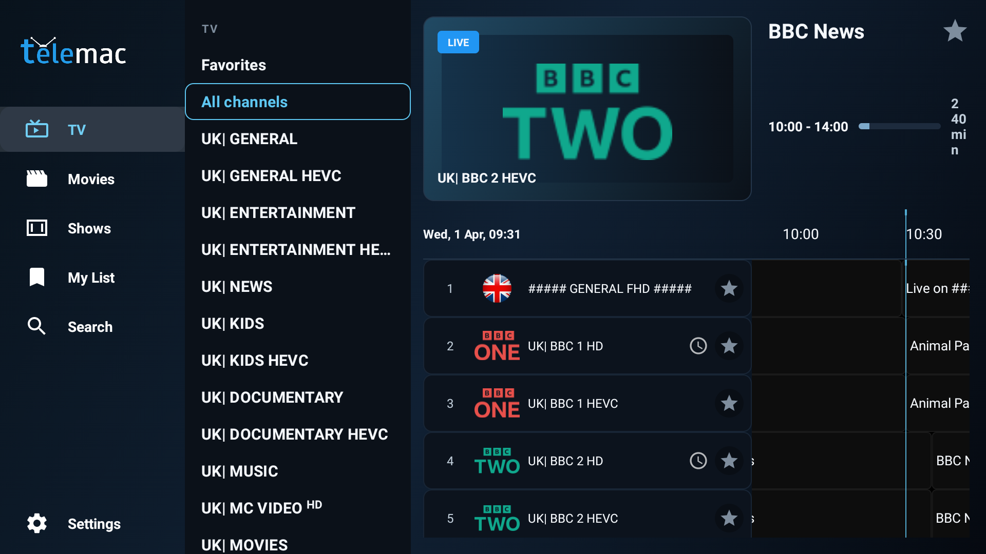Telemac Player home screen